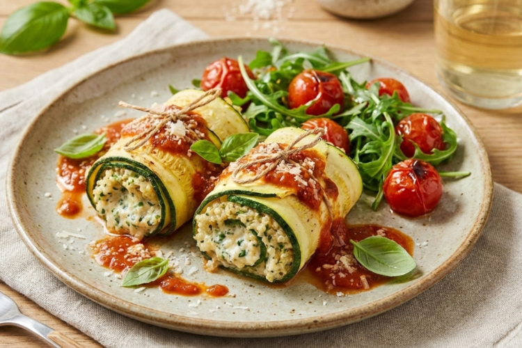 L&rsquo;Éclat Végétal : Paupiettes de Courgette Farcies au Quinoa Crémeux, Coulis de Tomates Doux et Pesto de Roquette aux Amandes