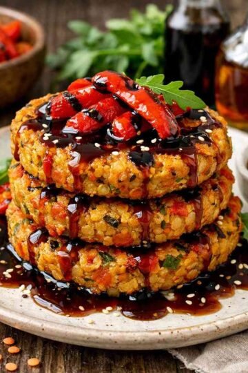 Galettes Lentilles Corail, Poivrons Grillés, Sauce Érable Balsamique