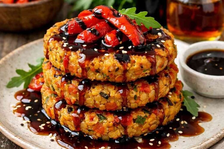 Galettes Lentilles Corail, Poivrons Grillés, Sauce Érable Balsamique