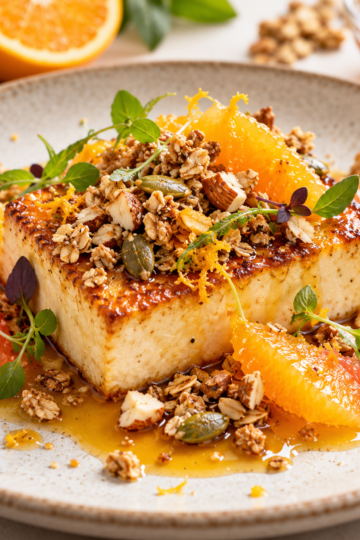 Tofu Soyeux Rôti, Sauce Agrumes Agave et Granola Croustillant