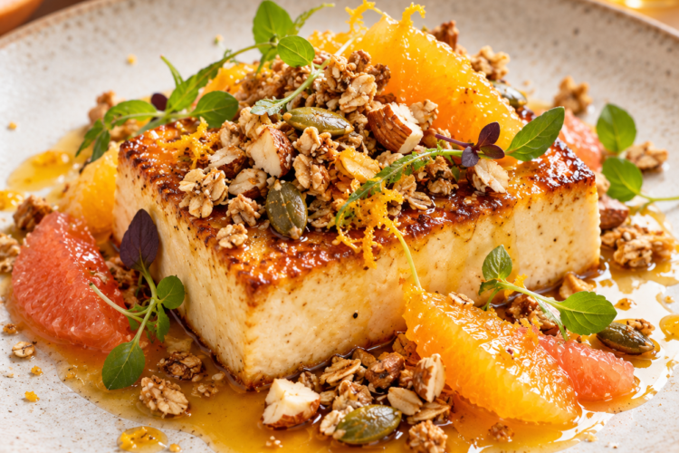 Tofu Soyeux Rôti, Sauce Agrumes Agave et Granola Croustillant