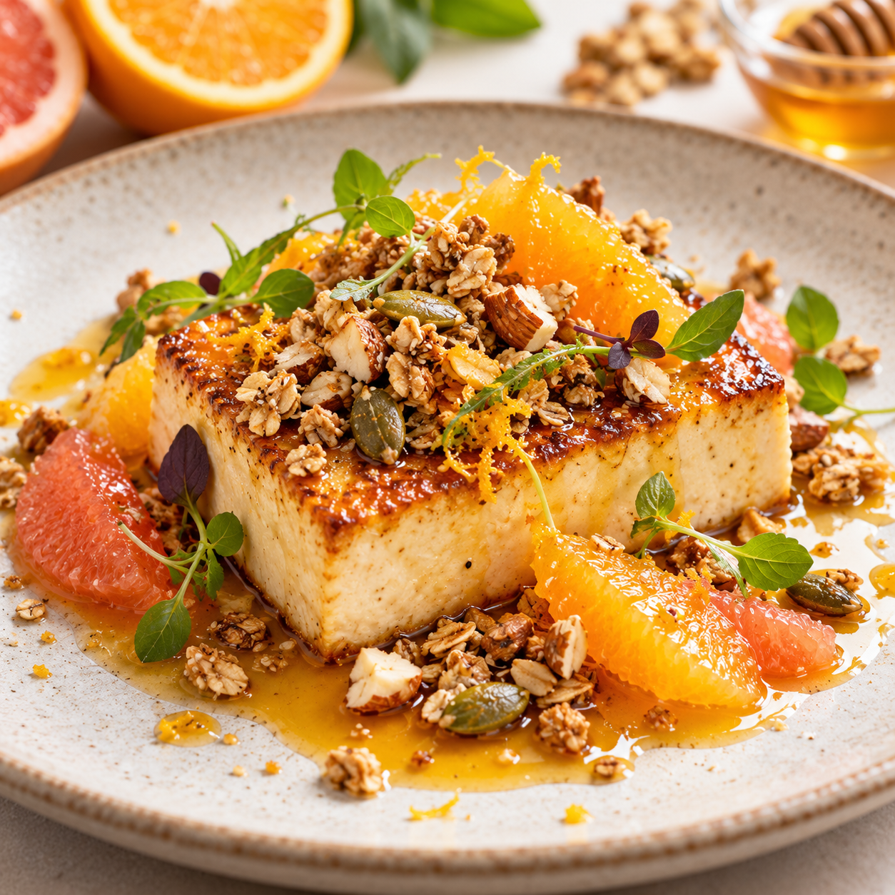 Tofu Soyeux Rôti, Sauce Agrumes Agave et Granola Croustillant Tofu Soyeux Rôti, Sauce Agrumes Agave et Granola Croustillant