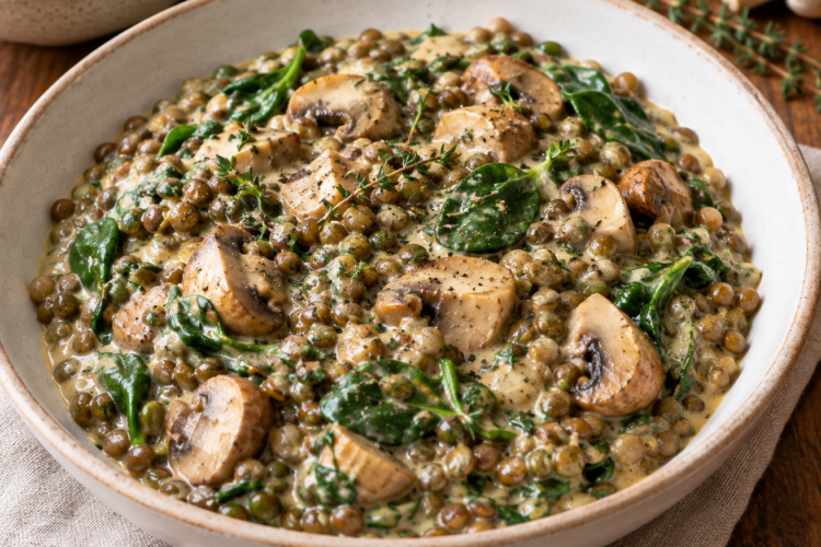 Champignons Crémeux, Lentilles Vertes et Épinards
