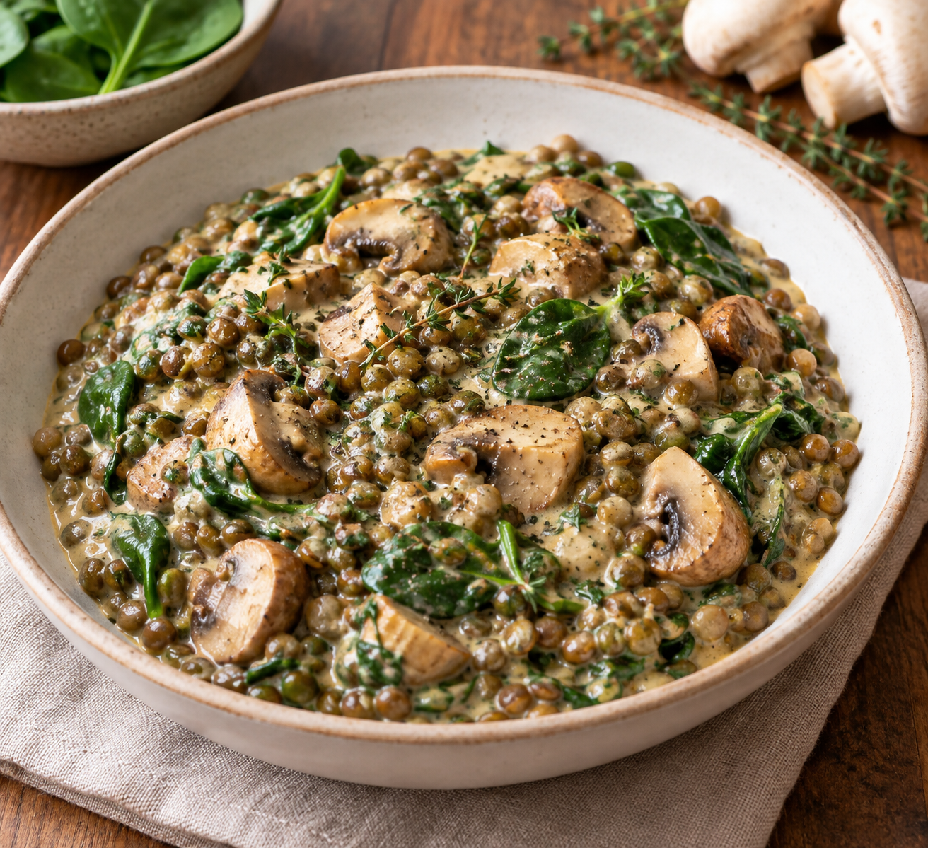 Champignons Crémeux, Lentilles Vertes et Épinards