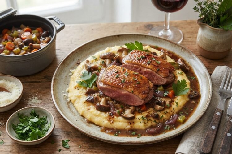 Magret de Canard Braisé, Polenta Crémeuse aux Cèpes