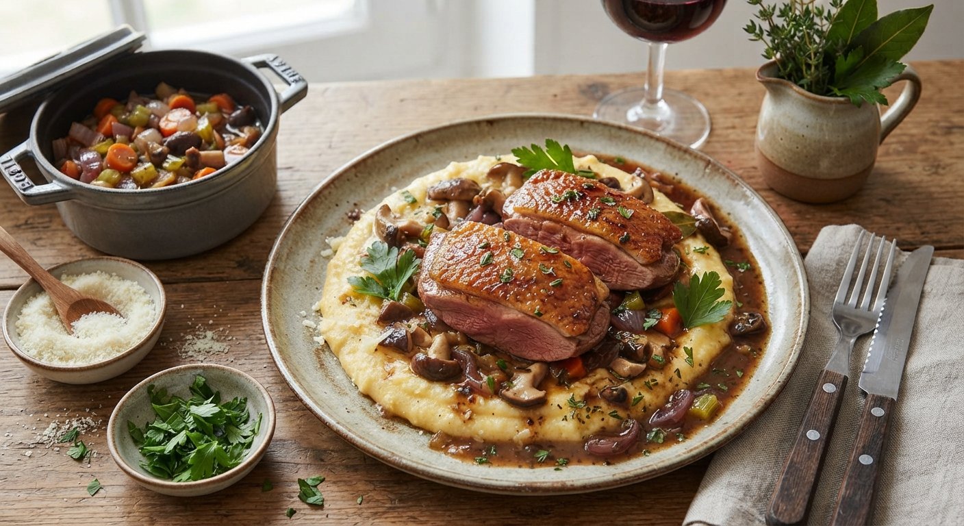 Magret de Canard Braisé, Polenta Crémeuse aux Cèpes